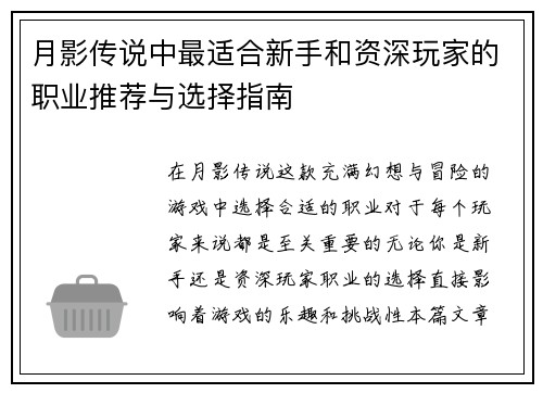 月影传说中最适合新手和资深玩家的职业推荐与选择指南